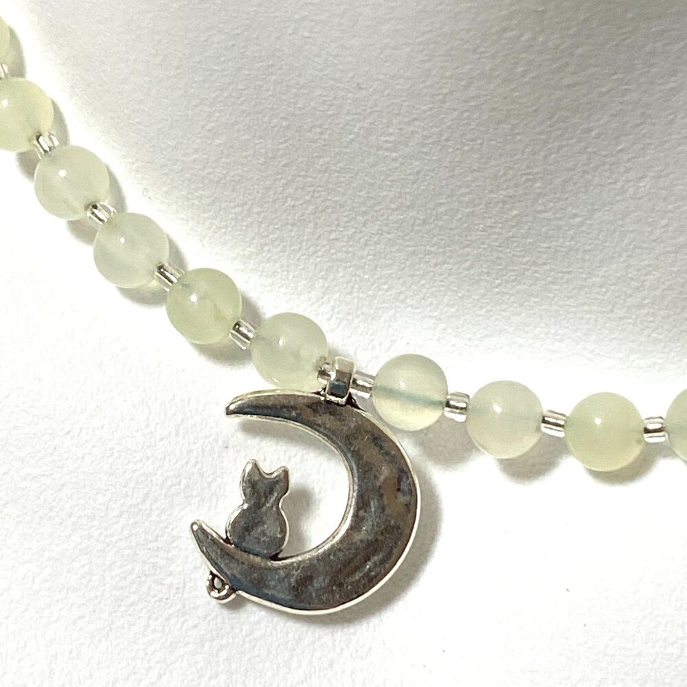 Genuine Gemstone Pale Green Prehnite Silver Cat on the Moon Beaded Necklace